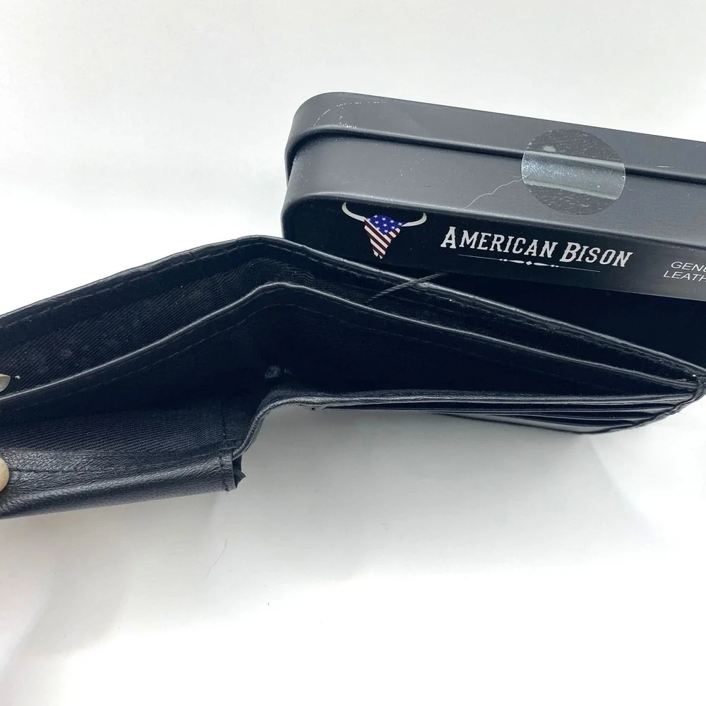 American Bison Bifold Wallet Men Black Leather Flip IDs Western Rodeo Cowboy NIB